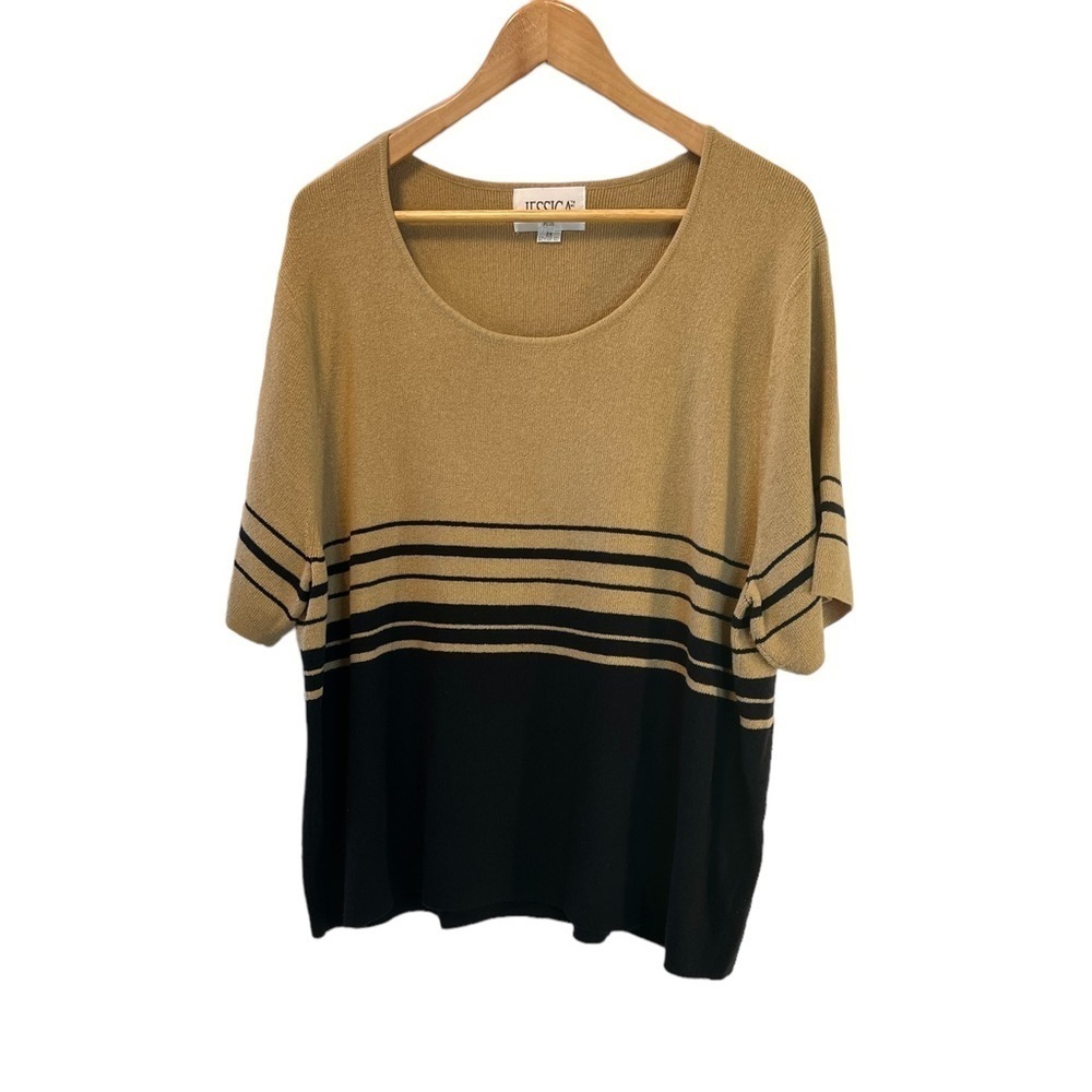 JESSICA PLUS Tan & Black Colour Blocked Knit Short Sleeve Scoop Neck Top 2X